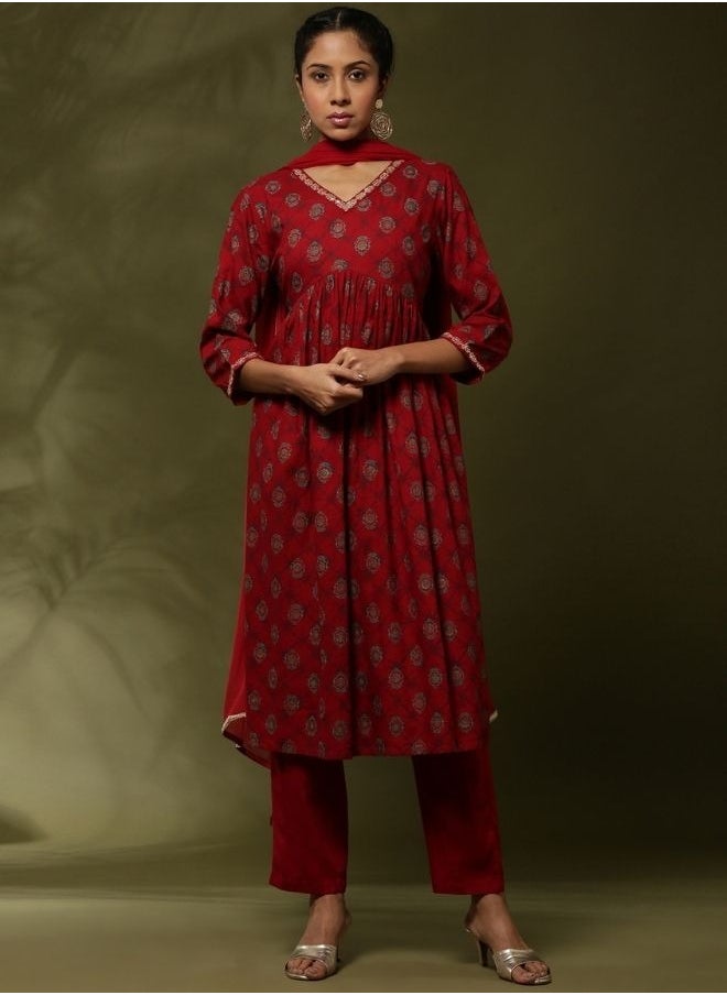Abhishti Printed 3pc kurta set with neck embroidery-red  - Image 1