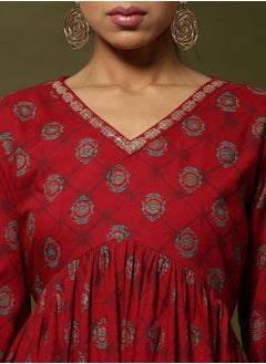 Abhishti Printed 3pc kurta set with neck embroidery-red  - Image 2