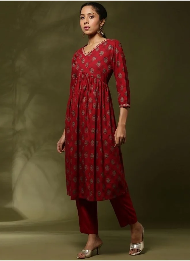 أبهشتي Printed 3pc kurta set with neck embroidery-red