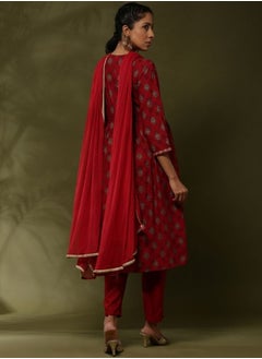 Abhishti Printed 3pc kurta set with neck embroidery-red  - Image 5