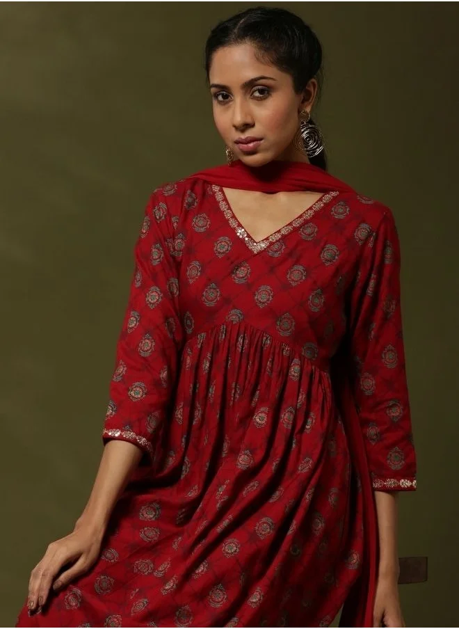 أبهشتي Printed 3pc kurta set with neck embroidery-red