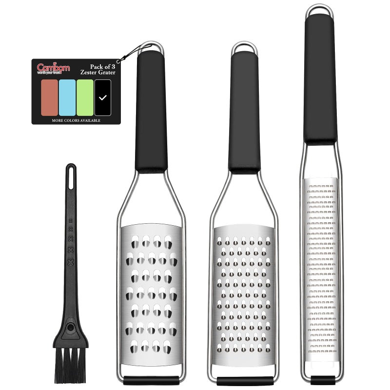 Cambom Lemon Zester Grater Threepiece Suit  Heavy Duty Kitchen Tool for Parmesan Cheese Ginger Garlic Nutmeg Chocolate VegetablesFruitsStainless Steel Grater Dishwasher Safe Black