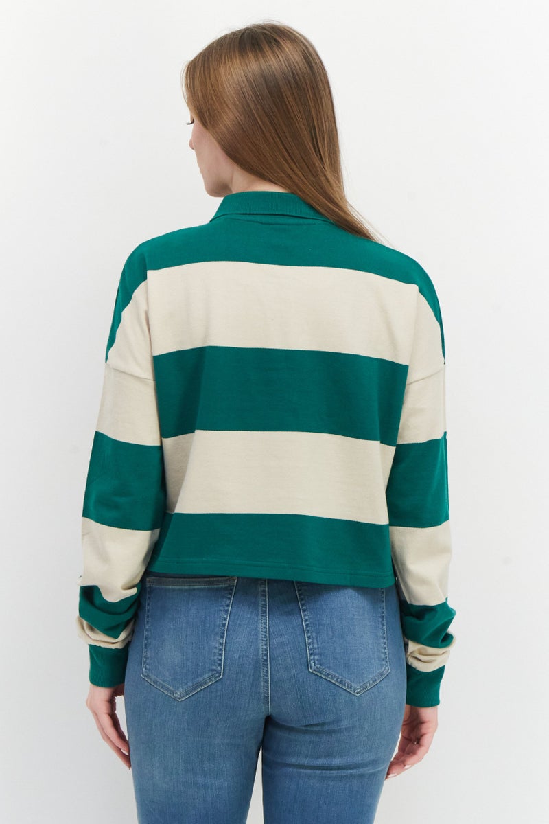 F.R.I.E.N.D.S Women Regular Fit Spread Collar Long Sleeves Brand Logo Crop Polo , Green - Image 4