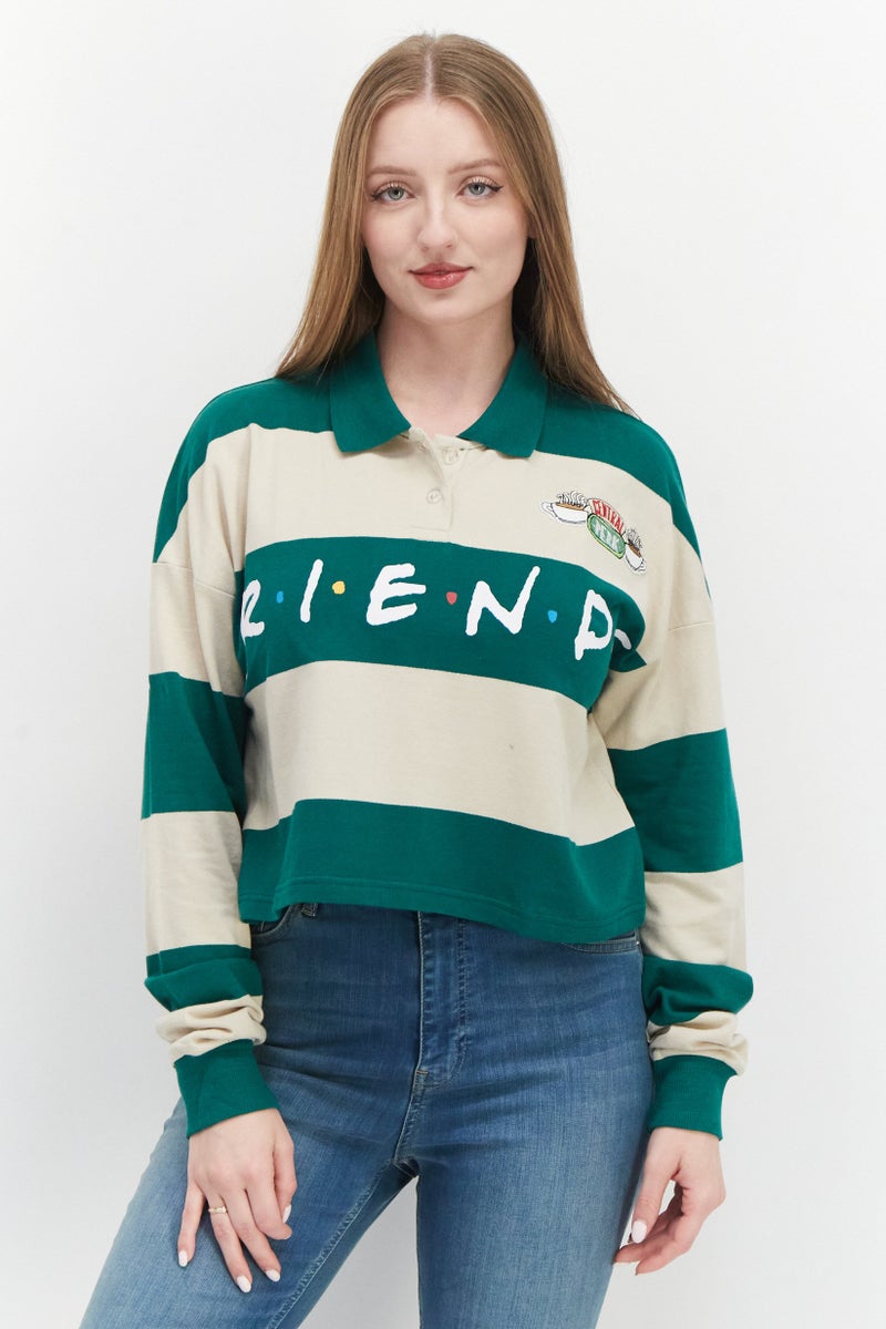 F.R.I.E.N.D.S Women Regular Fit Spread Collar Long Sleeves Brand Logo Crop Polo , Green - Image 1