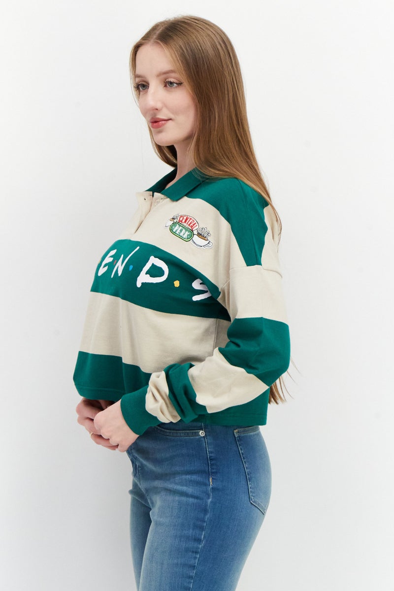 F.R.I.E.N.D.S Women Regular Fit Spread Collar Long Sleeves Brand Logo Crop Polo , Green - Image 3