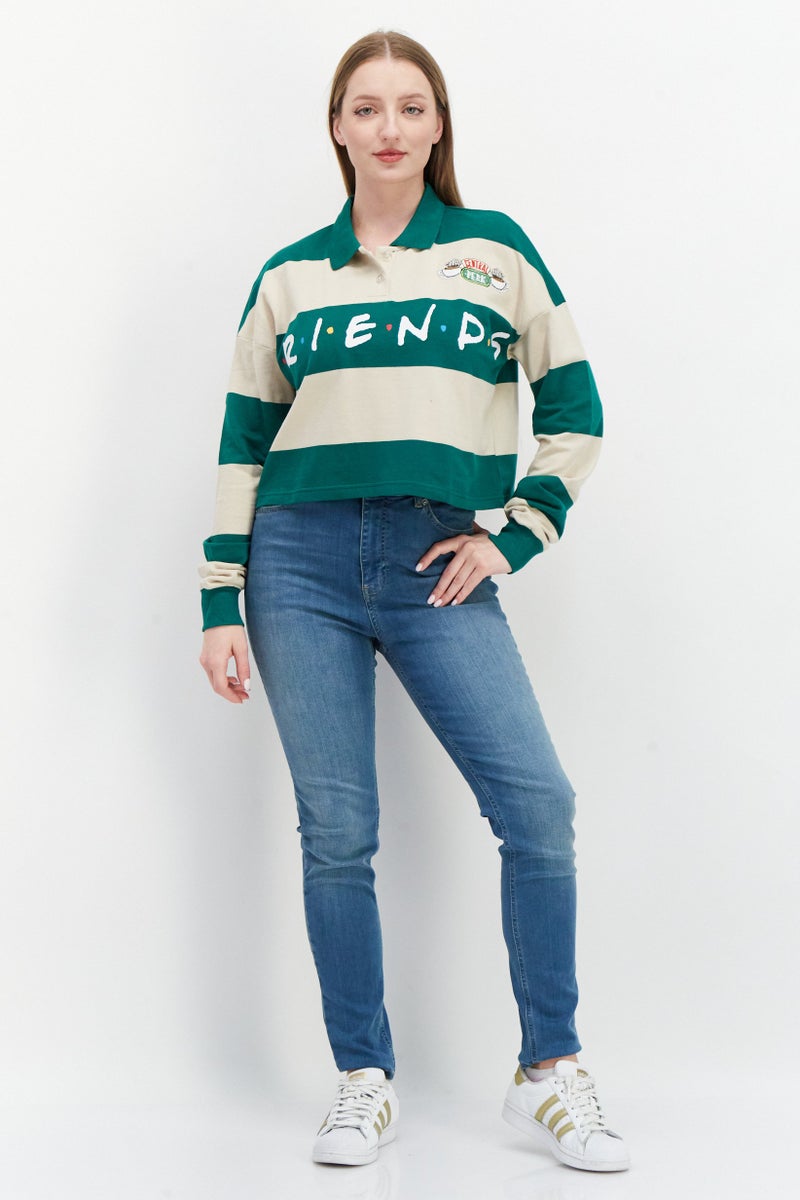 F.R.I.E.N.D.S Women Regular Fit Spread Collar Long Sleeves Brand Logo Crop Polo , Green - Image 2
