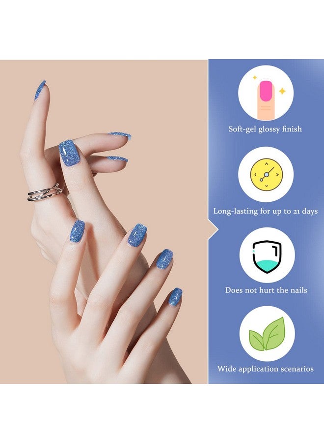 دوكاسو شرائط أظافر جل شبه معالجة، 28 قطعة من شرائط أظافر جل لامعة زرقاء تحتاج إلى ضوء الأشعة فوق البنفسجية، ملصقات أظافر جل ولفائف أظافر كاملة للنساء والفتيات والأطفال، تتضمن وسادات تحضير ومبرد أظافر وعصا خشبية - Image 2