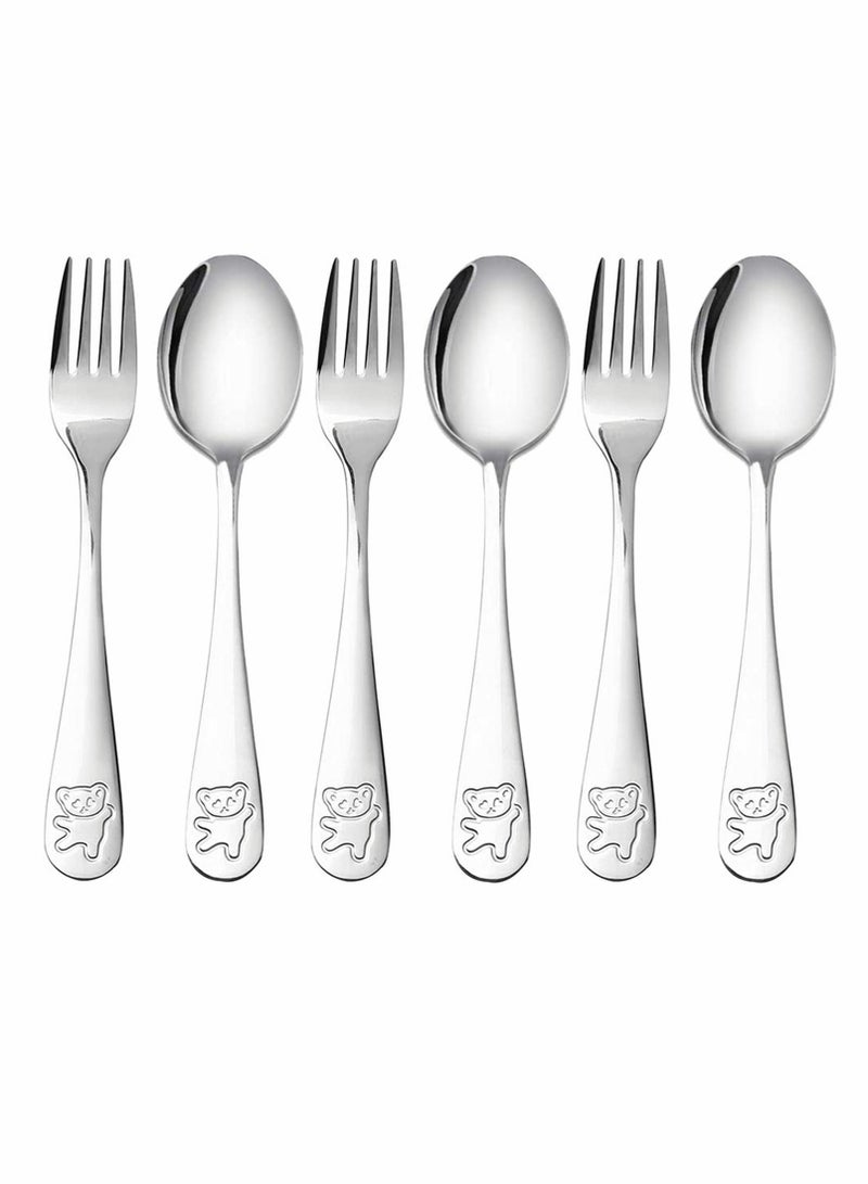 6 Pieces Kids Silverware Stainless Steel Children's Safe Flatware Little Bear Child Spoon and Fork Set Toddler Utensils Metal Cutlery Set,3 x Forks,3 Children Tablespoons - Image 1