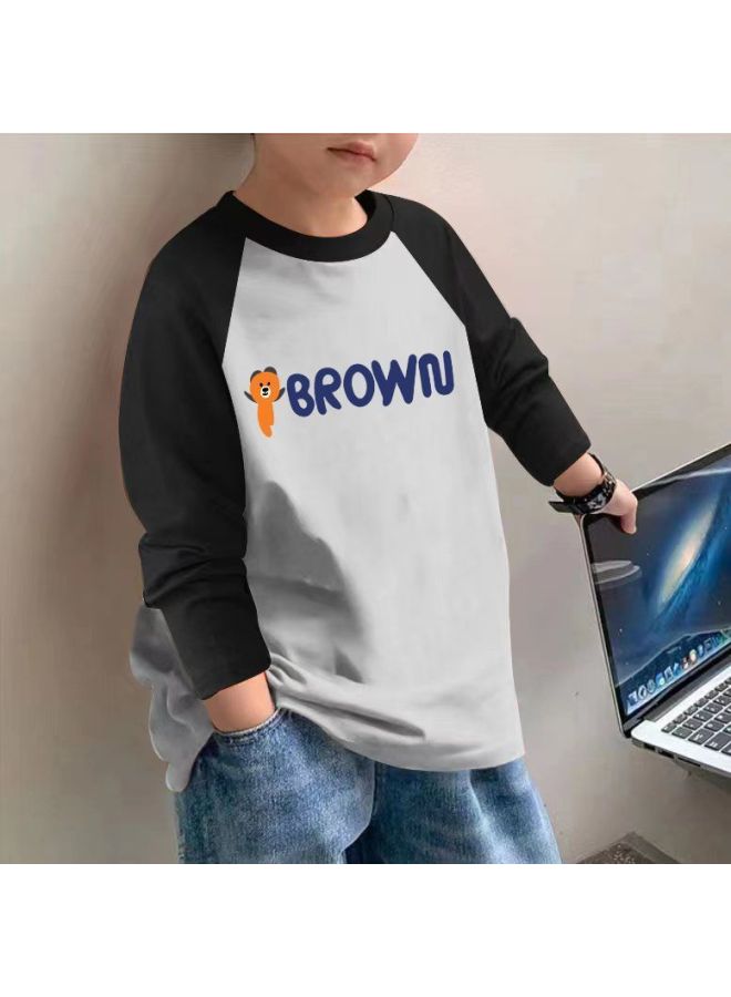 Boys' Long-sleeve T-shirt Spring And Autumn Baby Pure Cotton T-shirt For Older Children Popular Color-blocking Base Shirt Trendy