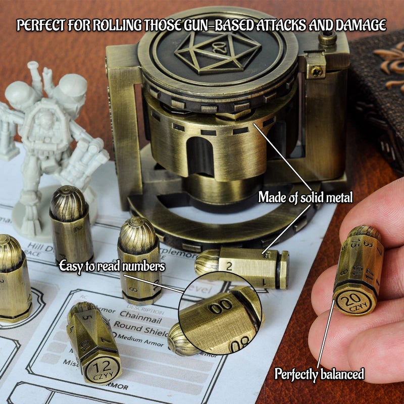CZYY Metal Polyhedral Bullet Dice Set of 7 with Spinning Revolver Cylinder Container - Cyberpunk Style Dice for D&D, Sci-Fi, War, or Crime Theme Tabletop Games (Bronze) - Image 3