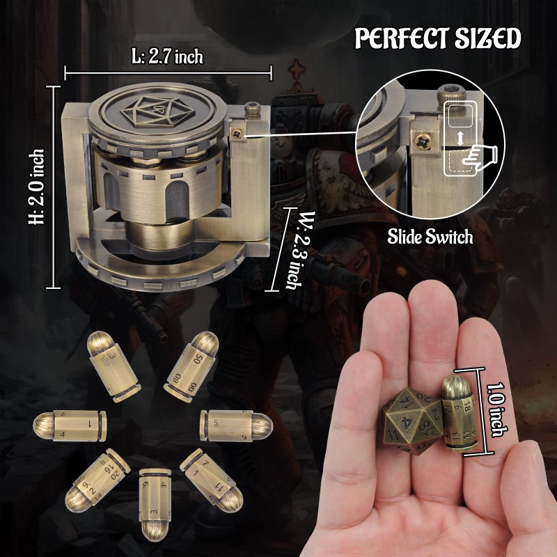 CZYY Metal Polyhedral Bullet Dice Set of 7 with Spinning Revolver Cylinder Container - Cyberpunk Style Dice for D&D, Sci-Fi, War, or Crime Theme Tabletop Games (Bronze) - Image 4