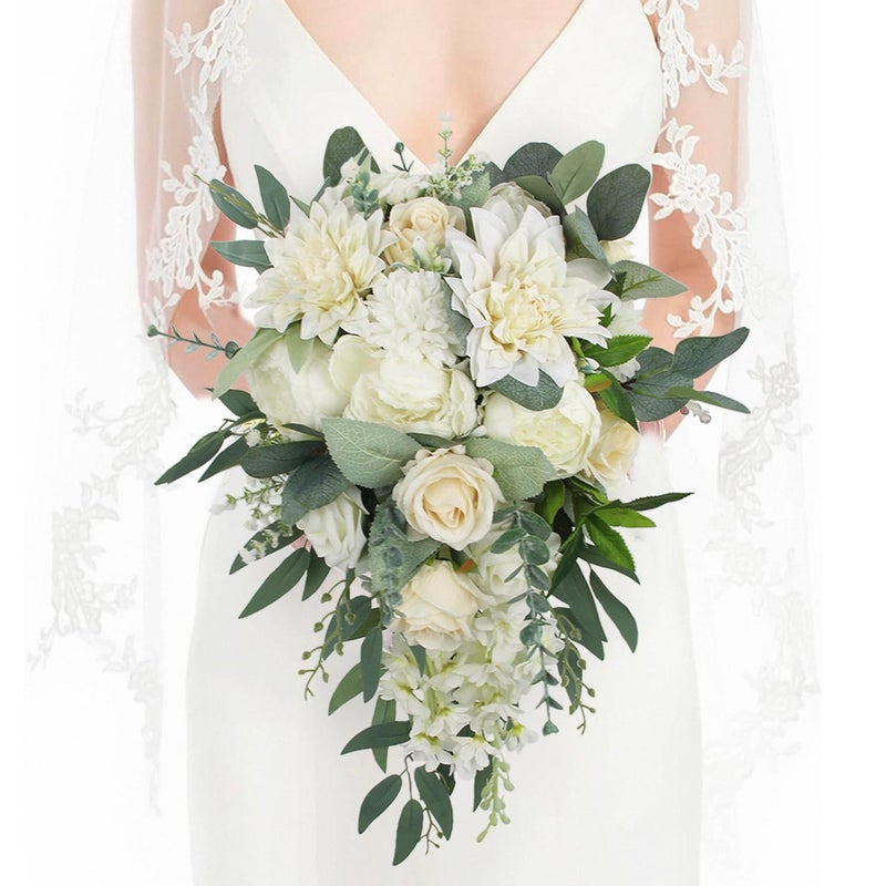 Rinlong White Green Cascade Bouquet Wedding Bouquets for Bride Cascading Wedding Bouquet Bridal Bouquet Artificial Flowers - Image 1