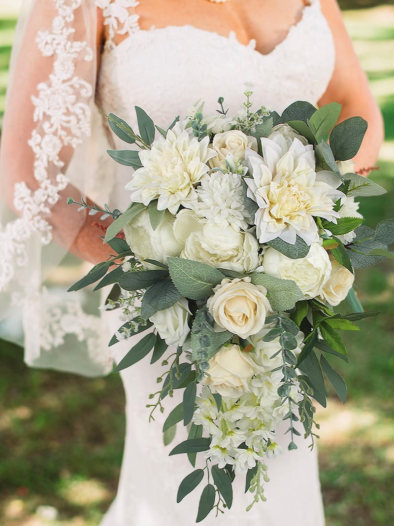 Rinlong White Green Cascade Bouquet Wedding Bouquets for Bride Cascading Wedding Bouquet Bridal Bouquet Artificial Flowers - Image 4