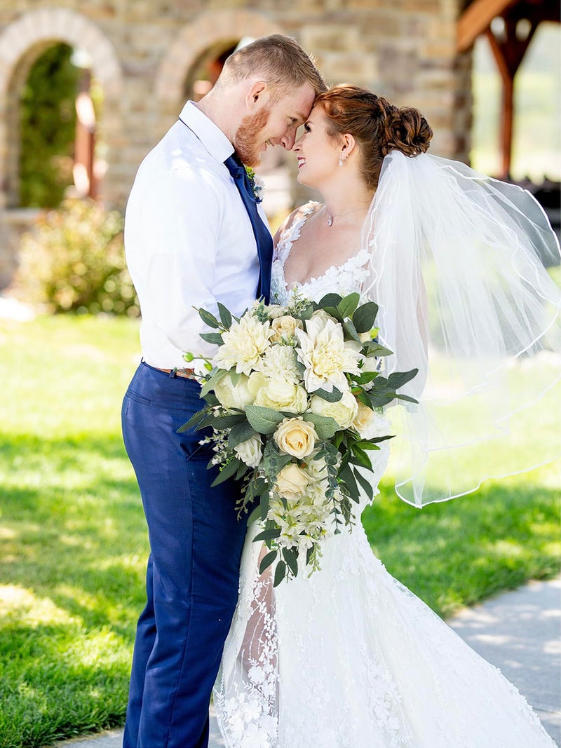 Rinlong White Green Cascade Bouquet Wedding Bouquets for Bride Cascading Wedding Bouquet Bridal Bouquet Artificial Flowers - Image 2
