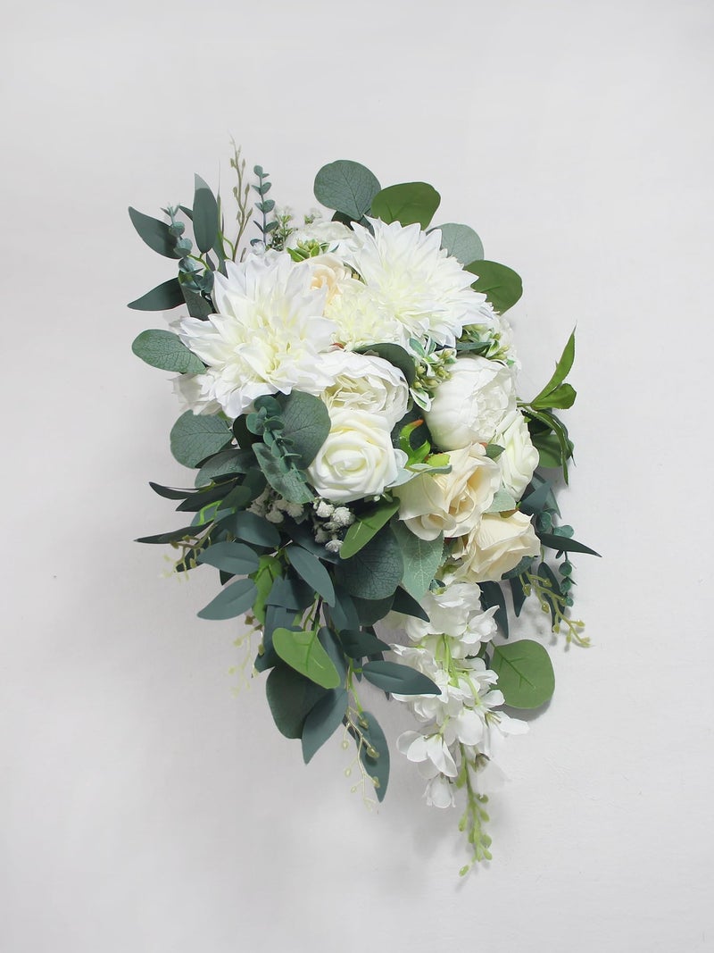 Rinlong White Green Cascade Bouquet Wedding Bouquets for Bride Cascading Wedding Bouquet Bridal Bouquet Artificial Flowers - Image 5