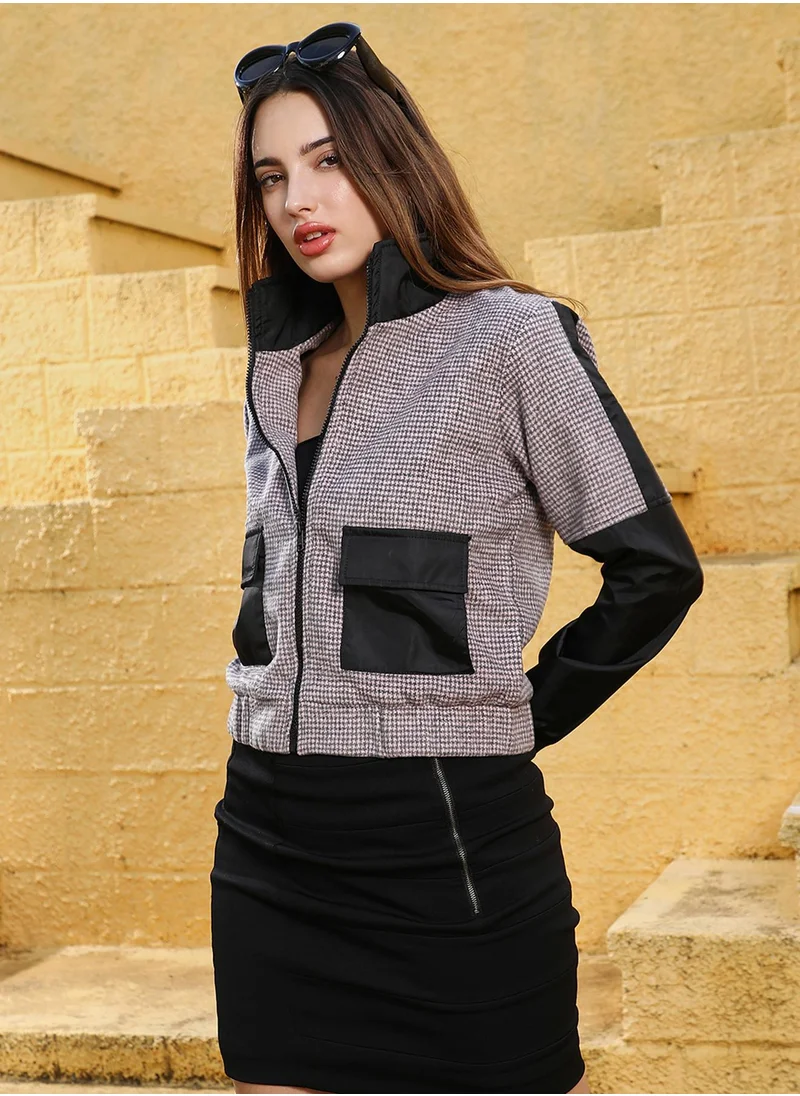 كامبوس سوترا Women's Onyx Black & Cloud Grey Houndstooth Block Jacket