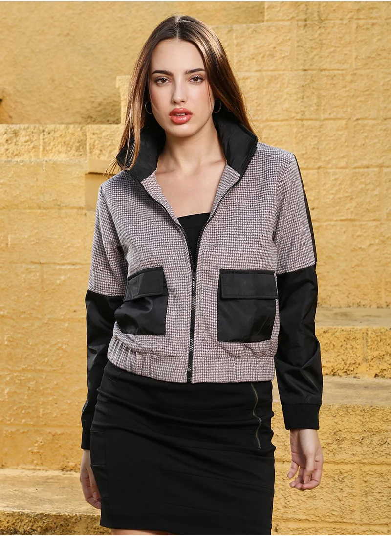 كامبوس سوترا Women's Onyx Black & Cloud Grey Houndstooth Block Jacket