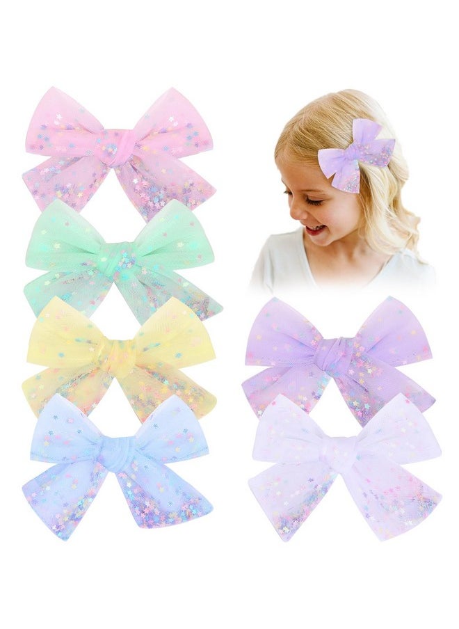 CN 6 Pcs Tulle Hair Bows For Girls Cn Toddler Bows With Glitter Star Alligator Colorful Hair Barrettes White Hair Bows Accessories For Baby Girls Infants Toddler Teens Women Birthday Party Summer  - Image 1