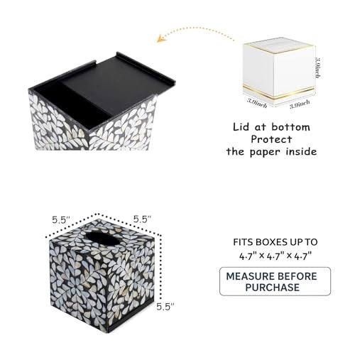 PEMAR Decorative Tissue Box Cover, 5.5” Cube Wooden Tissue Holder with Mother of Pearl Inlay, Farmhouse Rustic Napkin Dispenser for Bathroom, Living Room, Kitchen, Office (White Vines (Standard 5.5") - Image 3