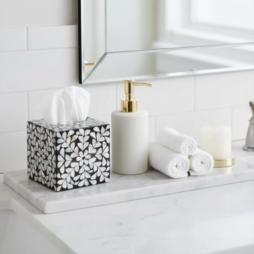 PEMAR Decorative Tissue Box Cover, 5.5” Cube Wooden Tissue Holder with Mother of Pearl Inlay, Farmhouse Rustic Napkin Dispenser for Bathroom, Living Room, Kitchen, Office (White Vines (Standard 5.5") - Image 5