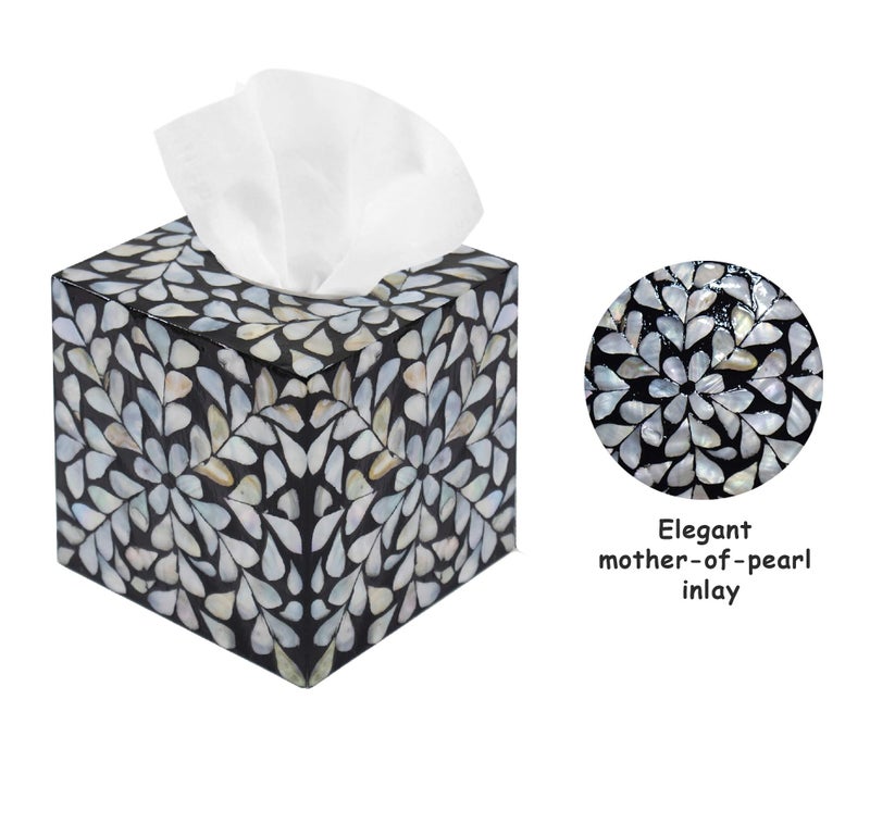 PEMAR Decorative Tissue Box Cover, 5.5” Cube Wooden Tissue Holder with Mother of Pearl Inlay, Farmhouse Rustic Napkin Dispenser for Bathroom, Living Room, Kitchen, Office (White Vines (Standard 5.5") - Image 4