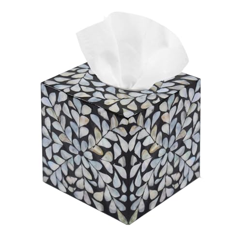 PEMAR Decorative Tissue Box Cover, 5.5” Cube Wooden Tissue Holder with Mother of Pearl Inlay, Farmhouse Rustic Napkin Dispenser for Bathroom, Living Room, Kitchen, Office (White Vines (Standard 5.5") - Image 1