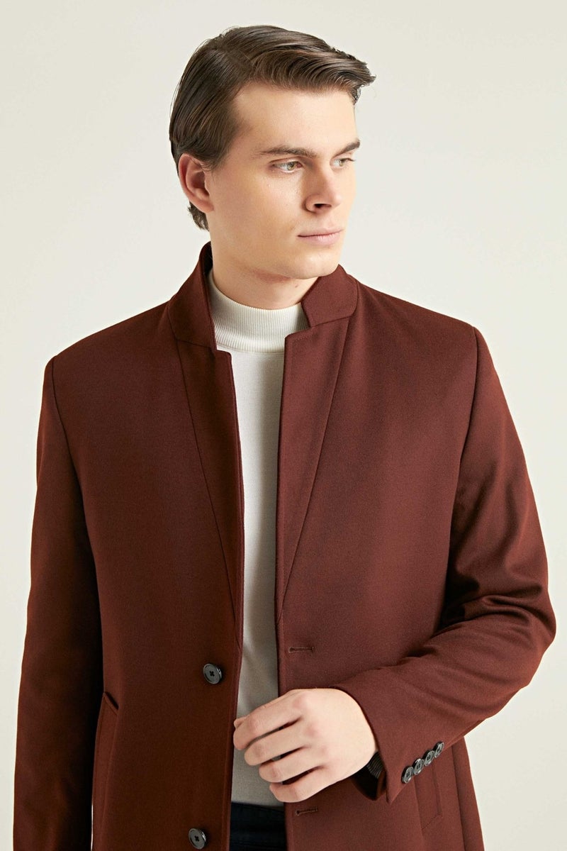 twn Slim Fit Brick Single Slit Viscose Coat  - Image 3
