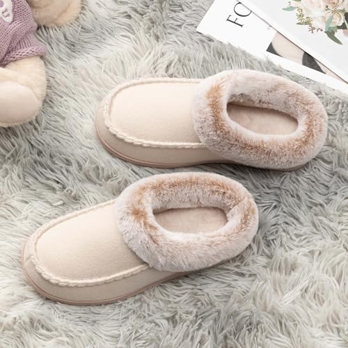 ULTRAIDEAS Women's Memory Foam House Slippers with Hard Bottom, Fur Lined House Shoes with Non-Slip Rubber Sole for Indoor & Outdoor(Beige,9-10) - Image 3