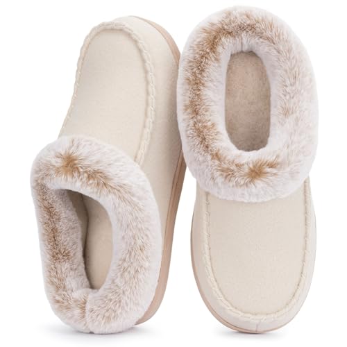 ULTRAIDEAS Women's Memory Foam House Slippers with Hard Bottom, Fur Lined House Shoes with Non-Slip Rubber Sole for Indoor & Outdoor(Beige,9-10) - Image 1
