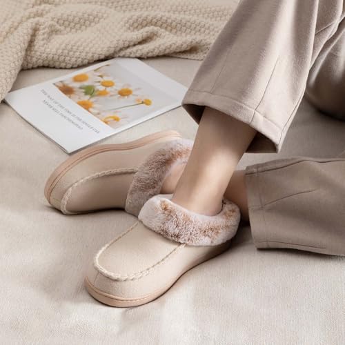 ULTRAIDEAS Women's Memory Foam House Slippers with Hard Bottom, Fur Lined House Shoes with Non-Slip Rubber Sole for Indoor & Outdoor(Beige,9-10) - Image 2