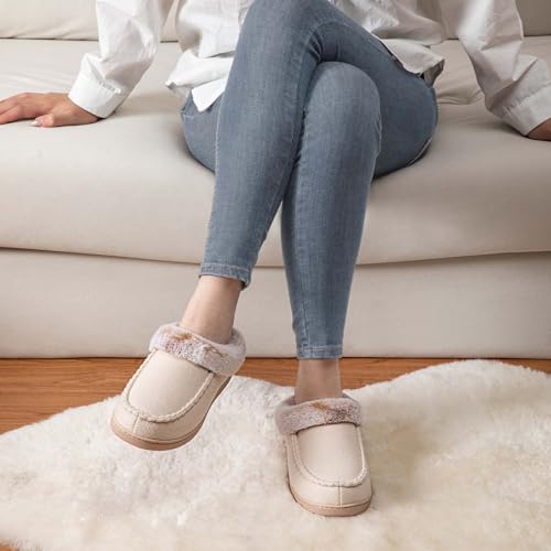 ULTRAIDEAS Women's Memory Foam House Slippers with Hard Bottom, Fur Lined House Shoes with Non-Slip Rubber Sole for Indoor & Outdoor(Beige,9-10) - Image 4