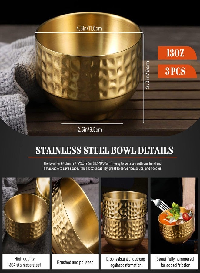 Roucerlin 3 Pcs 4.5 In Gold 304 Stainless Steel Bowls Small, 13Oz Double Walled Soup Bowls, Thick Non Slip Appetizer Snack Bowls, Small Metal Serving Bowls for Sauces, Rice, Noodles, Ice Cream, Oat (3 pcs) - Image 2