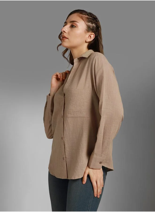 HIGH STAR Stay effortlessly stylish with this comfortable Taupe Boxy Fit Shirts Solid design crafted from 100% Cotton featuring Long Sleeves with Button closure.