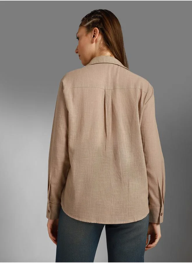 HIGH STAR Stay effortlessly stylish with this comfortable Taupe Boxy Fit Shirts Solid design crafted from 100% Cotton featuring Long Sleeves with Button closure.