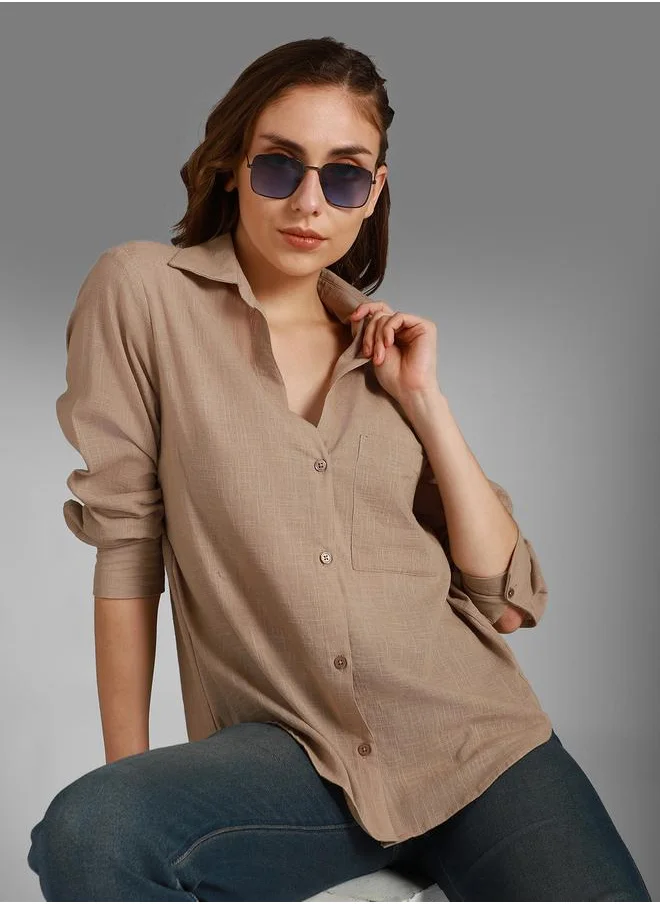 HIGH STAR Stay effortlessly stylish with this comfortable Taupe Boxy Fit Shirts Solid design crafted from 100% Cotton featuring Long Sleeves with Button closure.
