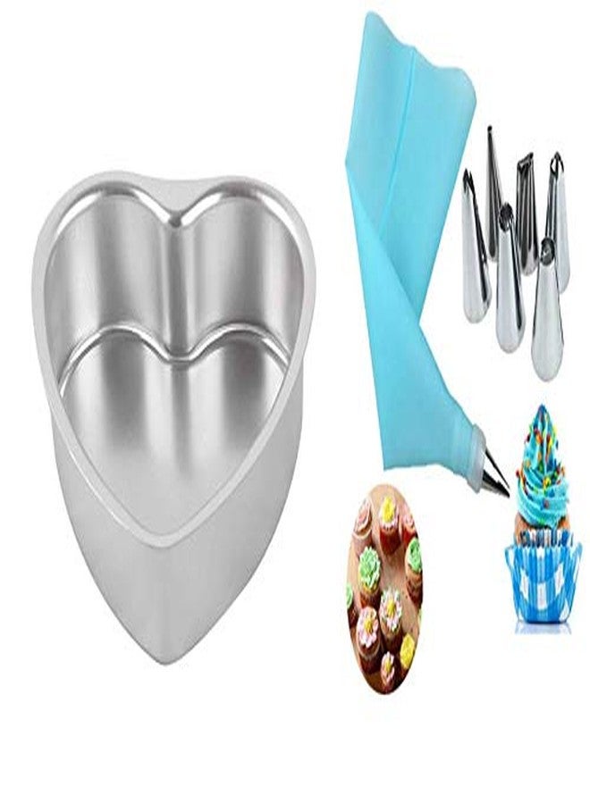 Peramu Traders Aluminium 2 Combo Set of Heart Shaped Baking Cake Tray Size. Small (6 inch) and Cream Designer with 6 Nozzle Different Design. - Image 1