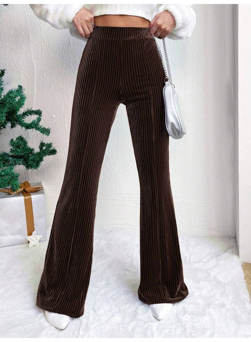 general Women's Solid Color High Waist Slim Small Bell Bottoms Corduroy Casual Pants - Image 1