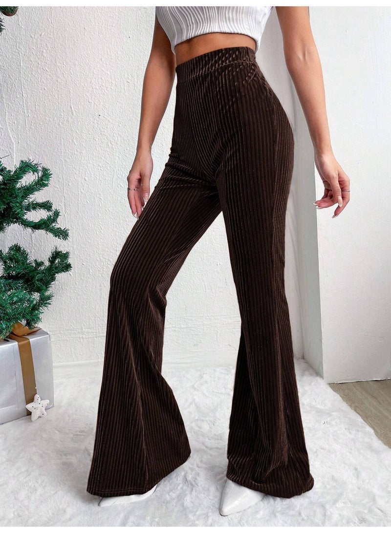 general Women's Solid Color High Waist Slim Small Bell Bottoms Corduroy Casual Pants - Image 2