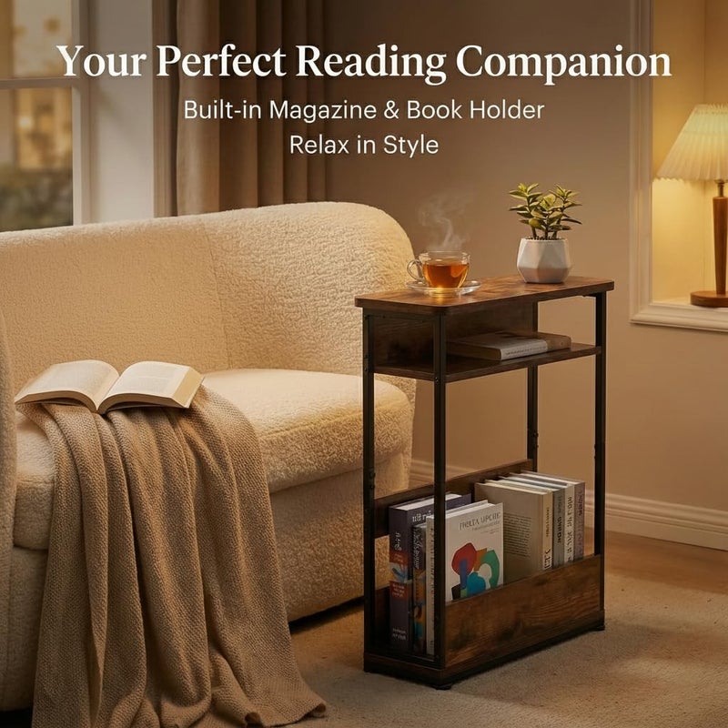 YEAKOO Narrow Side Table,3-Tier Slim End Table with Storage Shelf,Modern Sofa Table Thin Side Table for Narrow and Small Spaces, Skinny Bedside Table Small Nightstand with Magazine Rack Space Saving/Brown - Image 2