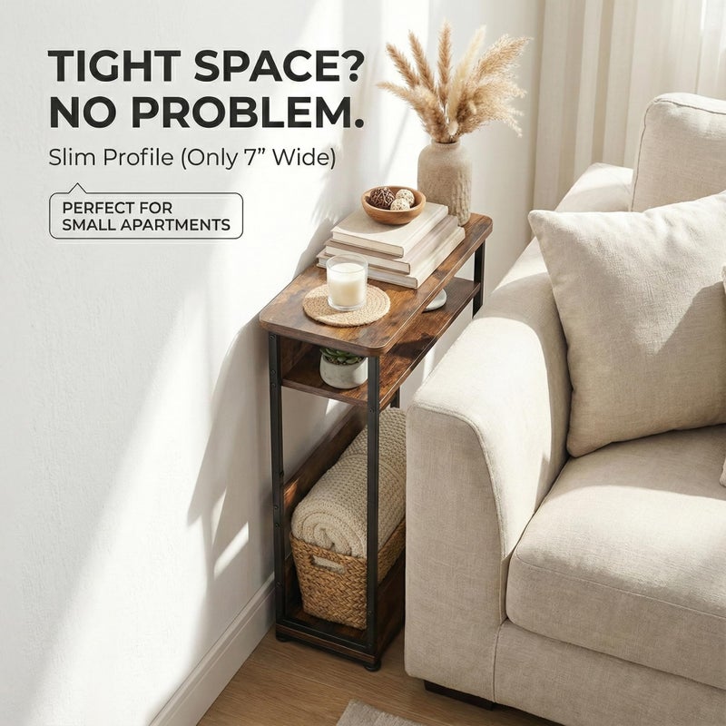 YEAKOO Narrow Side Table,3-Tier Slim End Table with Storage Shelf,Modern Sofa Table Thin Side Table for Narrow and Small Spaces, Skinny Bedside Table Small Nightstand with Magazine Rack Space Saving/Brown - Image 4