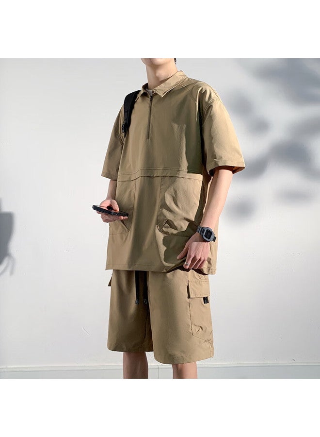 Poum Men's Quick-dry Workwear Set, Summer Outdoor Ice Silk Sports Casual Short-sleeve Shorts, 2414tz Khaki L - Image 1
