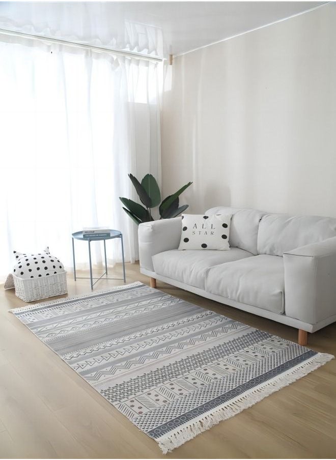 KinCarpet - Grey Cotton and Linen With Fringe Boho Upholstery Rug Carpet - Image 1