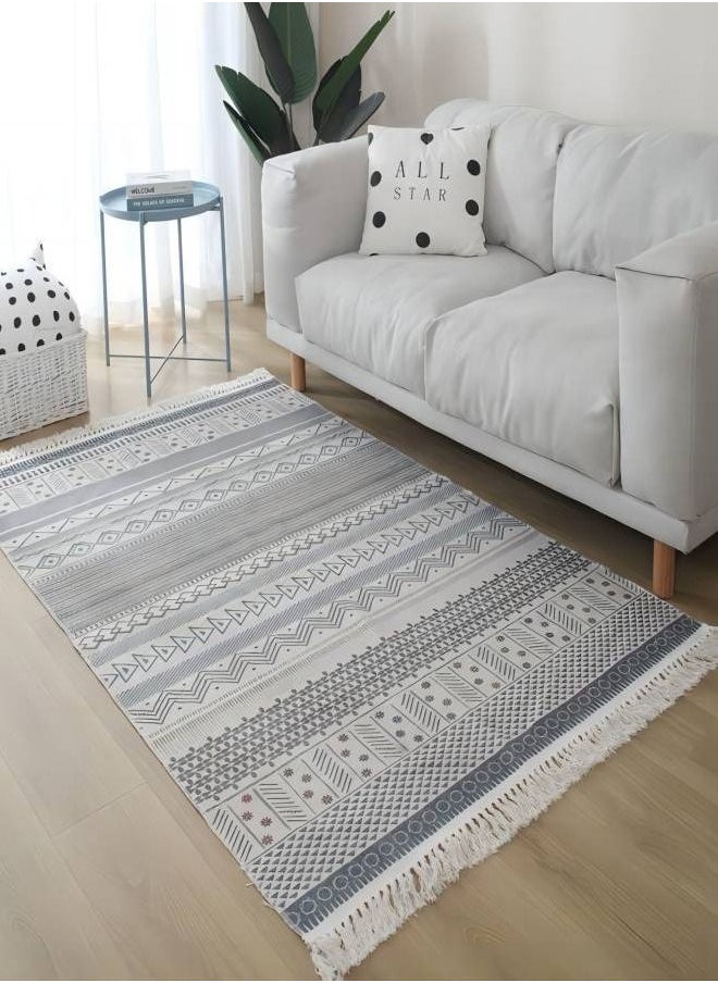 KinCarpet - Grey Cotton and Linen With Fringe Boho Upholstery Rug Carpet - Image 1
