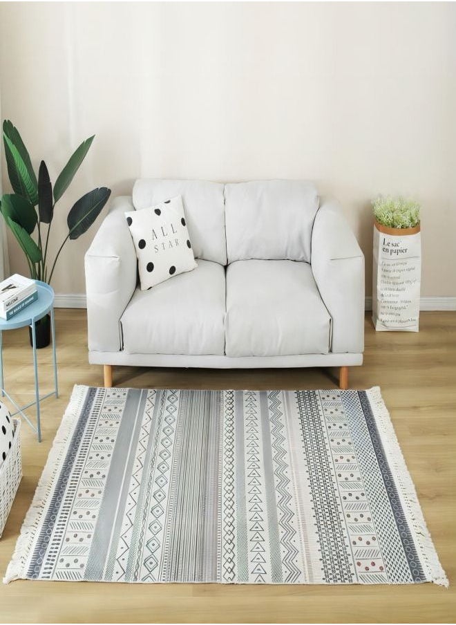 KinCarpet - Grey Cotton and Linen With Fringe Boho Upholstery Rug Carpet - Image 1