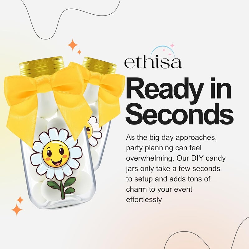 Ethisa Small 12 Pack Daisy Party Favors - DIY Candy Jars with Ribbons and Stickers - Party Decoration Bottles for Birthday, School Classroom and Baby Shower - Flower Table Centerpiece Gifts for Kids - Image 5