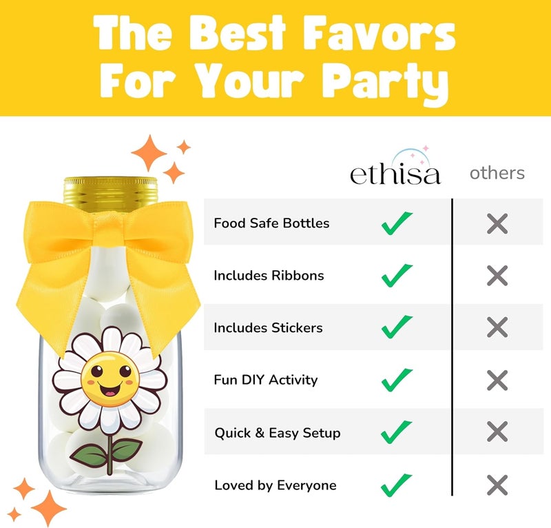 Ethisa Small 12 Pack Daisy Party Favors - DIY Candy Jars with Ribbons and Stickers - Party Decoration Bottles for Birthday, School Classroom and Baby Shower - Flower Table Centerpiece Gifts for Kids - Image 4
