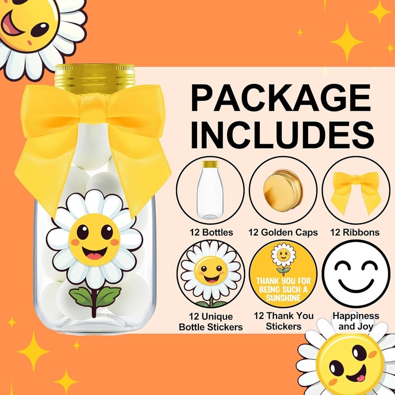 Ethisa Small 12 Pack Daisy Party Favors - DIY Candy Jars with Ribbons and Stickers - Party Decoration Bottles for Birthday, School Classroom and Baby Shower - Flower Table Centerpiece Gifts for Kids - Image 2