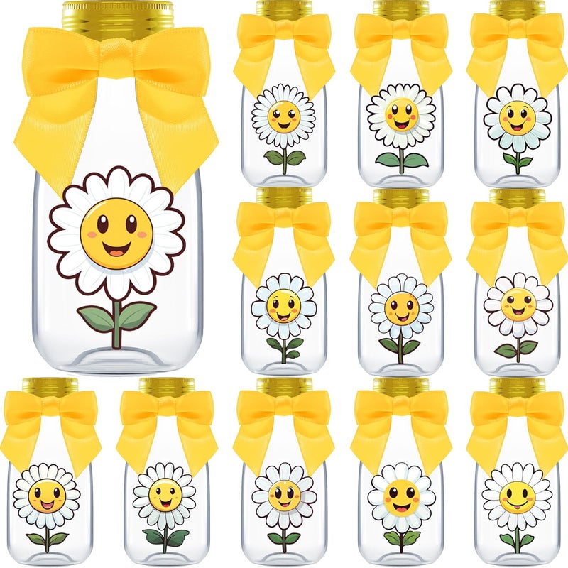 Ethisa Small 12 Pack Daisy Party Favors - DIY Candy Jars with Ribbons and Stickers - Party Decoration Bottles for Birthday, School Classroom and Baby Shower - Flower Table Centerpiece Gifts for Kids - Image 1