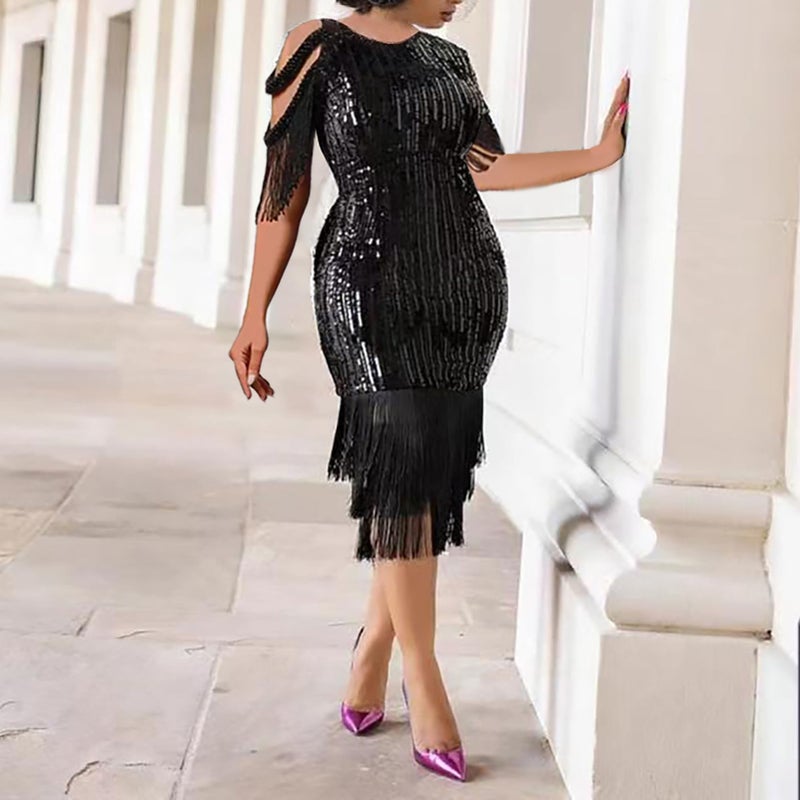 Cololura Women Sexy Short Sleeve Sequin Tassel Bodycon Midi Dress Cocktail Party Evening Gown Dresses - Image 2