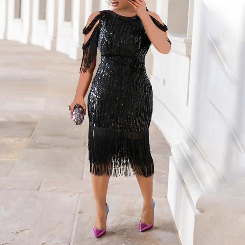 Cololura Women Sexy Short Sleeve Sequin Tassel Bodycon Midi Dress Cocktail Party Evening Gown Dresses - Image 3